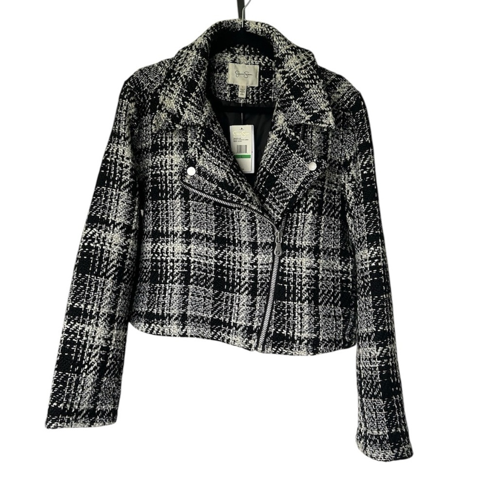 NWT Jessica Simpson Cropped Moto Jacket Plaid Tweed Boucle Excellent $119.  L